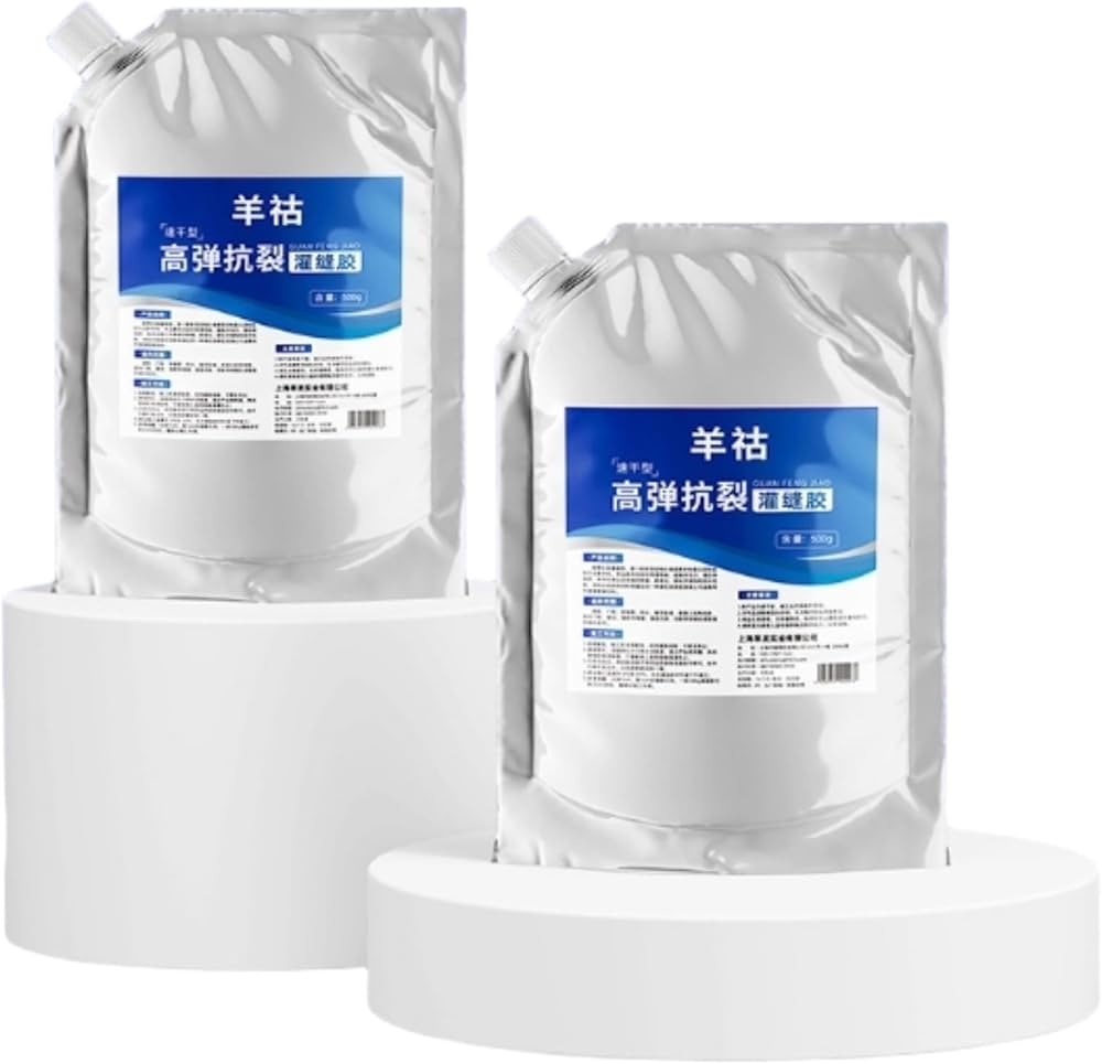 AngShop silver pouches with blue labels containing impermeable adhesive for roofs on white platforms