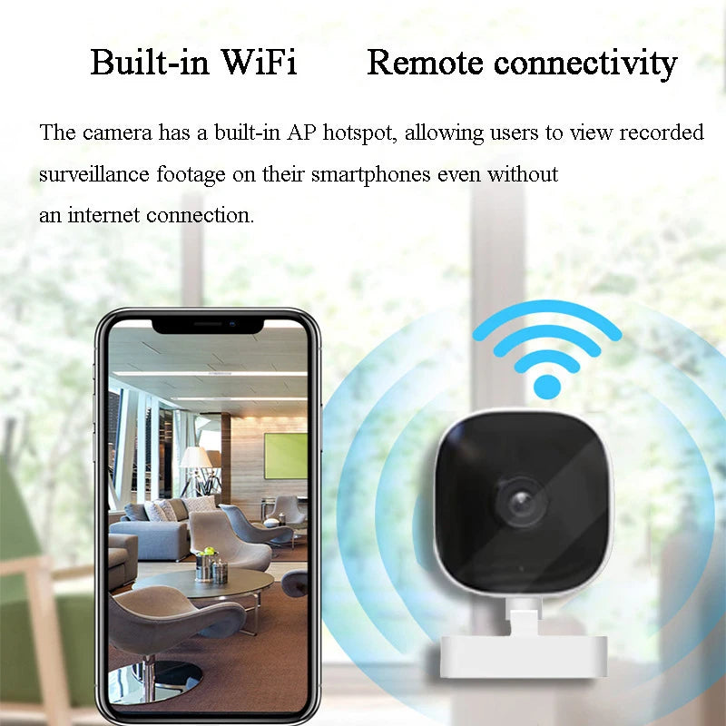 AngShop indoor surveillance camera with built-in WiFi and remote connectivity shown with smartphone live view