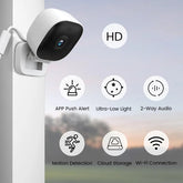 AngShop indoor surveillance camera mounted showing HD video and features like motion detection and two way audio