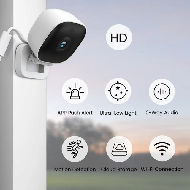 AngShop indoor surveillance camera mounted showing HD video and features like motion detection and two way audio