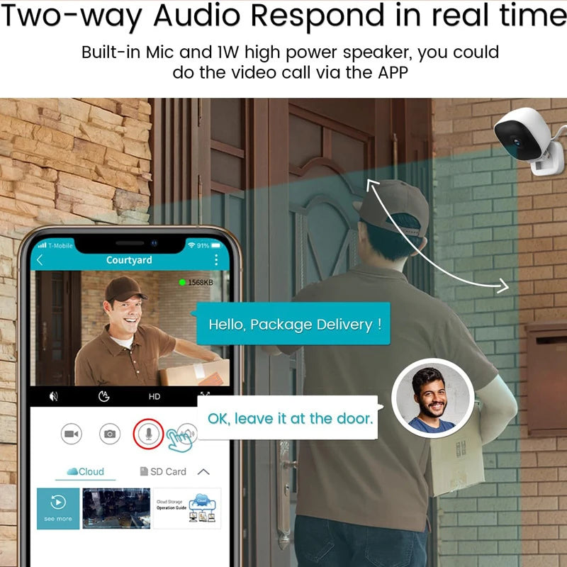 AngShop indoor surveillance camera with two-way audio and app for real-time video calls and package delivery monitoring