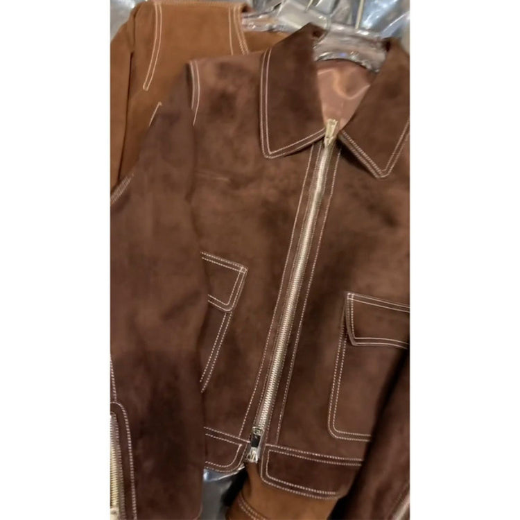 Luxury brown jacket for women with white stitching and front zipper closure from AngShop