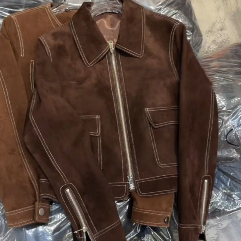 Luxury brown jacket for women by AngShop in suede material with zipper and detailed stitching