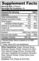 Supplement facts label for Pink Lucky collagen gummies for adults showing ingredients and nutritional information