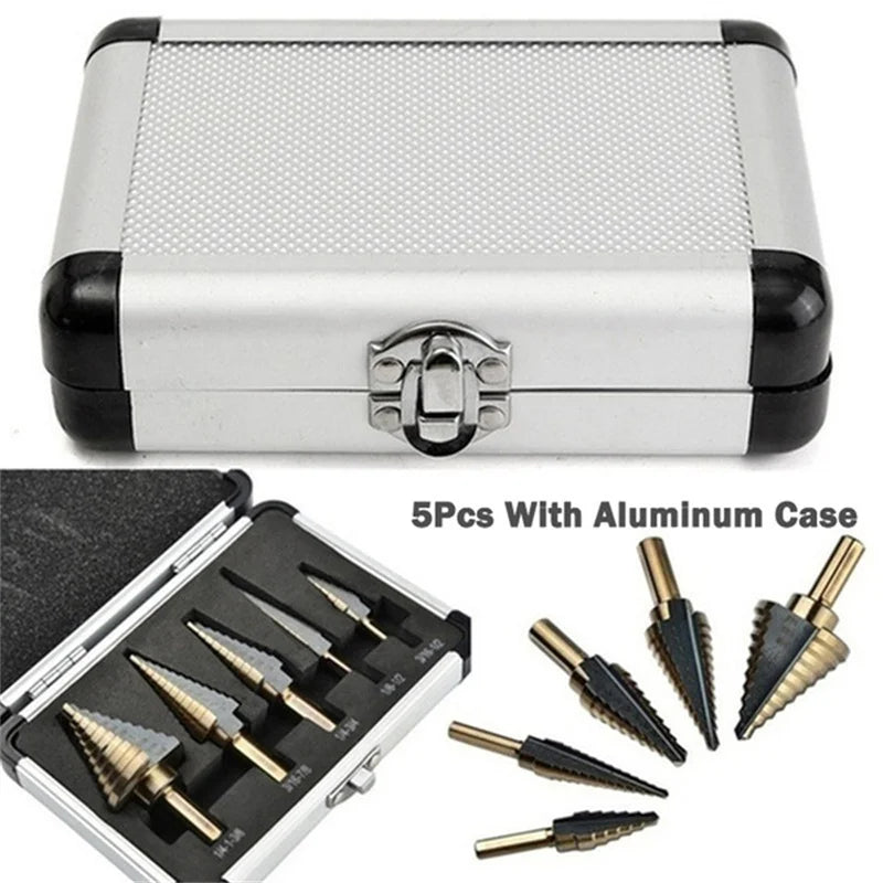 Set of 5 multi-size step drill bits with durable aluminum case for versatile drilling tasks