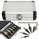 Set of 5 multi-size step drill bits with durable aluminum case for versatile drilling tasks