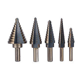 Set of five multi-size step drill bits in varying sizes with measurement markings from AngShop