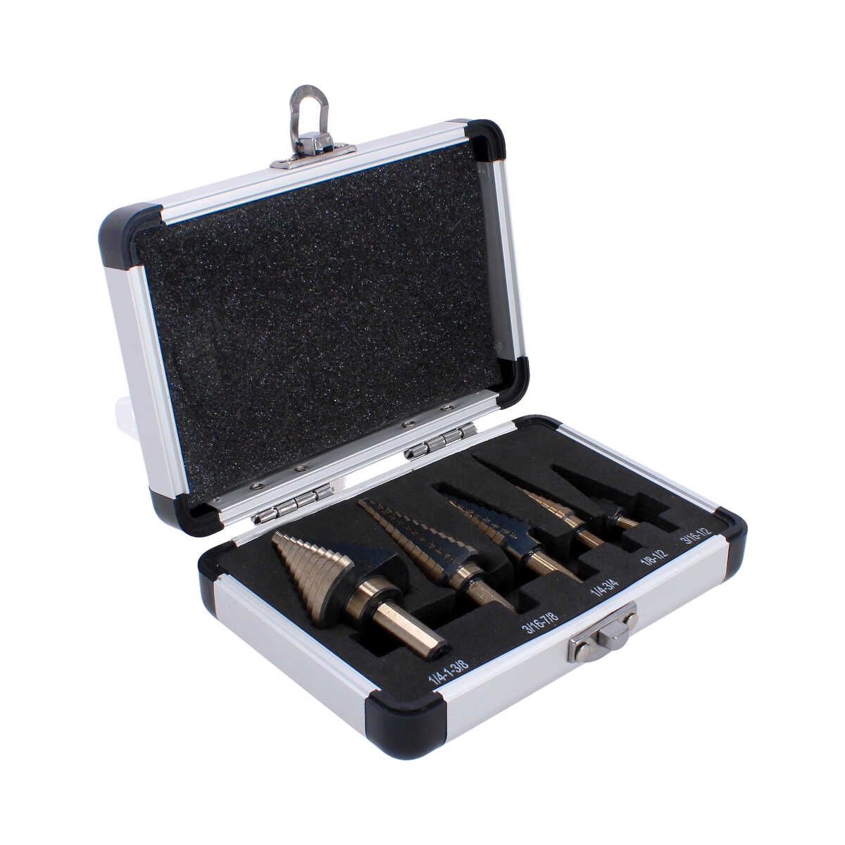 AngShop multi-size step drill bits set in protective metal case with five different sizes