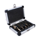 AngShop multi-size step drill bits set in protective metal case with five different sizes