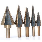 AngShop multi-size step drill bits set with five different sized metal bits for precise drilling