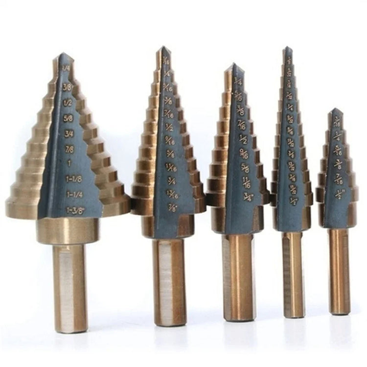 AngShop multi-size step drill bits set with five different sized metal bits for precise drilling