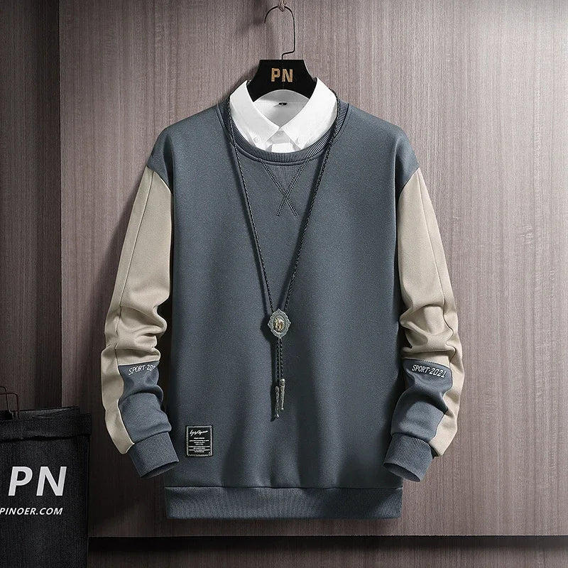 AngShop casual autumn streetwear for men with gray and beige long sleeve sweatshirt and white shirt