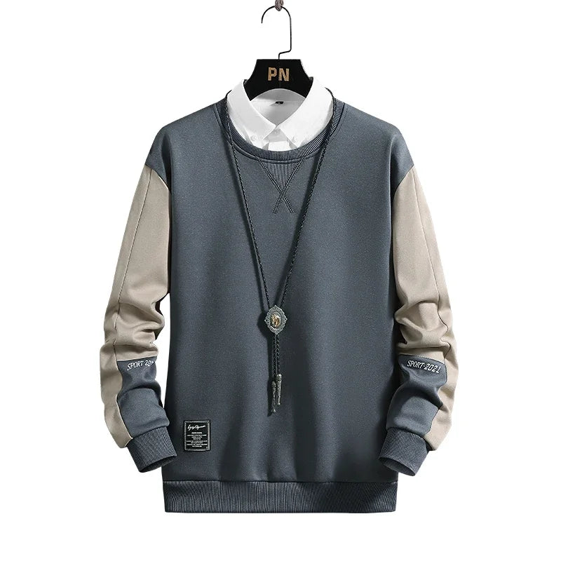 Gray and beige sweatshirt with white collar shirt and necklace casual autumn streetwear for men