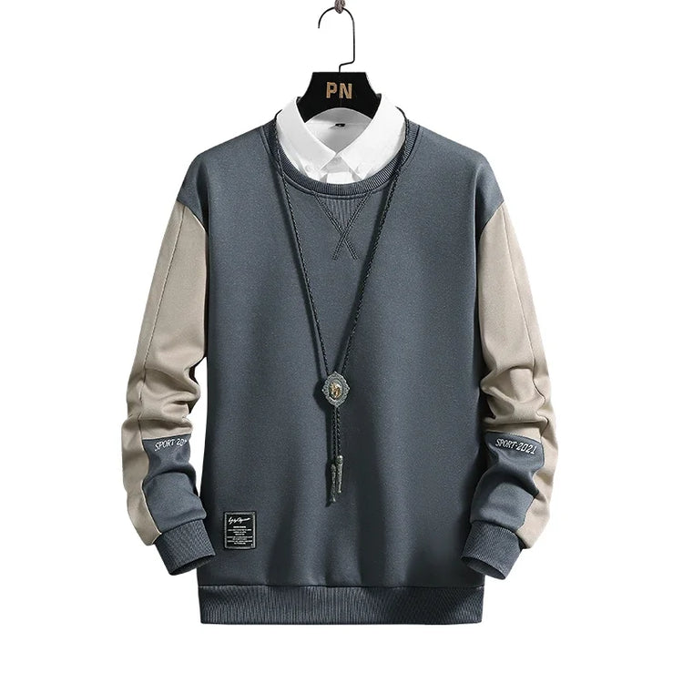 Gray and beige sweatshirt with white collar shirt and necklace casual autumn streetwear for men