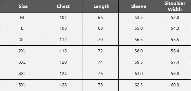 Size chart for casual autumn streetwear for men with chest, length, sleeve, and shoulder width measurements