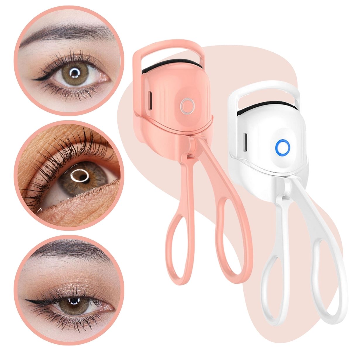 AngShop portable eyelash curling tool in pink and white with examples of curled eyelashes