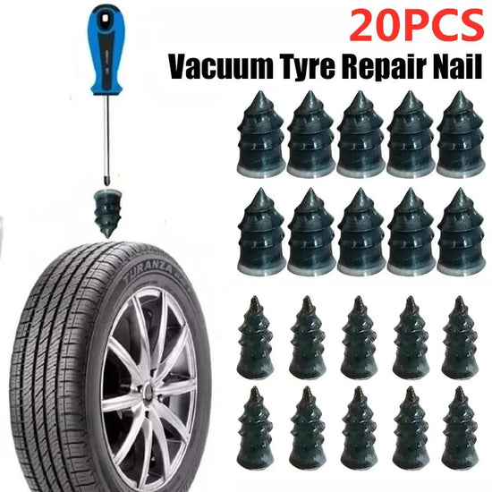 20-piece puncture repair kit for car tires with vacuum tyre repair nails and a blue handle tool
