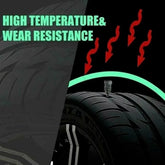 Diagram showing high temperature and wear resistance of a puncture repair kit for car tires on a black tire