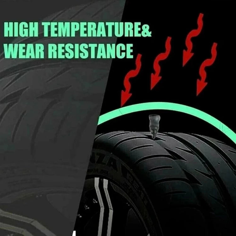 Diagram showing high temperature and wear resistance of a puncture repair kit for car tires on a black tire