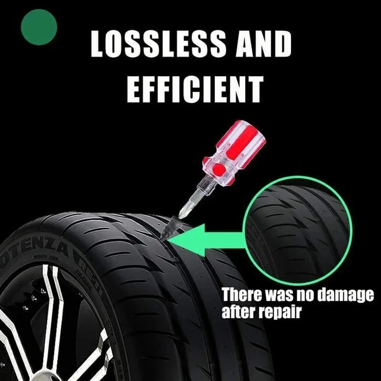 Puncture repair kit for car tires showing a screwdriver repairing tire with no damage after repair