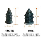 Small and big size plug repairs for puncture repair kit for car tires showing dimensions and usage