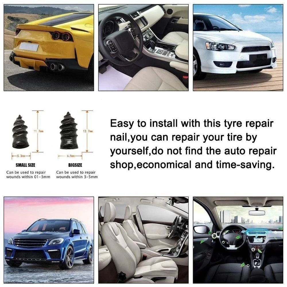 Puncture repair kit for car tires with detailed images showing tire plugs and car interiors