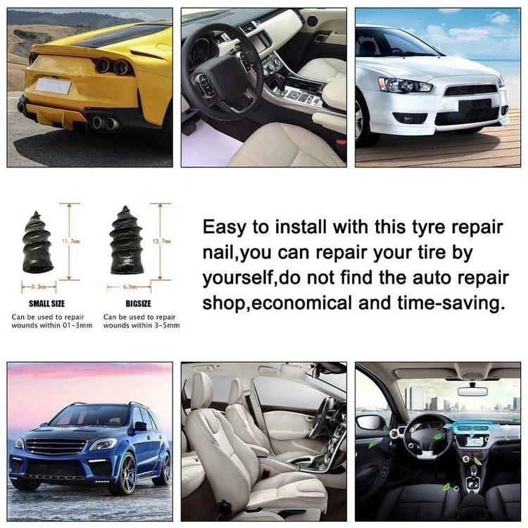 Puncture repair kit for car tires with detailed images showing tire plugs and car interiors