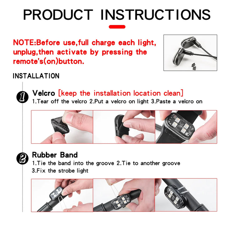 AngShop installation instructions showing how to attach remote control LED car strips using velcro and rubber bands