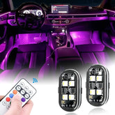 Remote control LED car strips installed in car interior glowing purple with handheld remote control