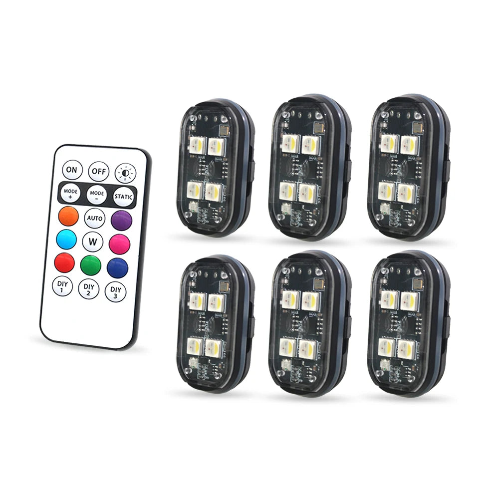 Remote control LED car strips set with six black LED modules and color-changing remote from AngShop