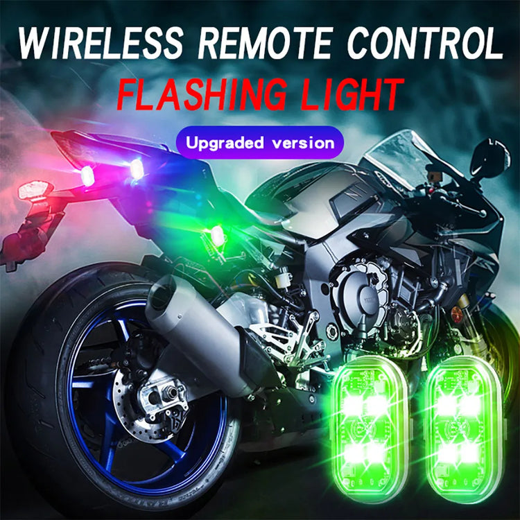 Wireless remote control LED car strips flashing lights installed on a black sport motorcycle rear