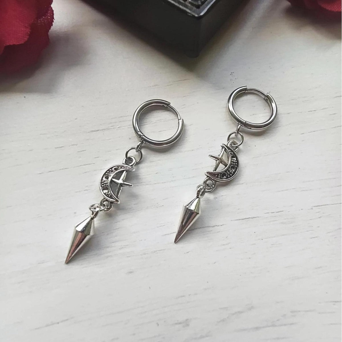 Silver punk style earrings for women with crescent moon and spike dangle design by AngShop
