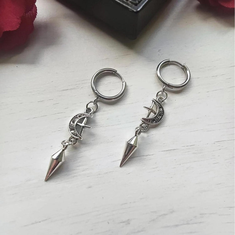 Silver punk style earrings for women with crescent moon and spike dangle design by AngShop