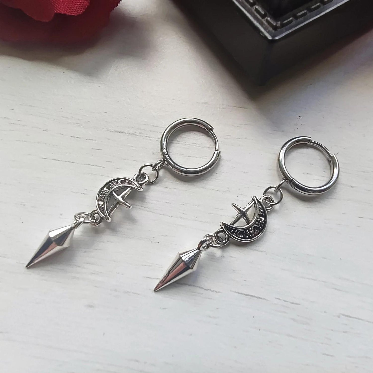 Silver punk style earrings for women with crescent and pointed spike charms by AngShop