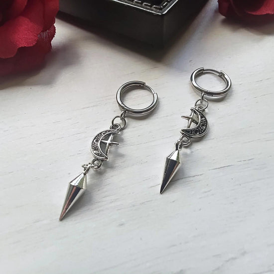 Silver punk style earrings for women with crescent moon and spike charm by AngShop