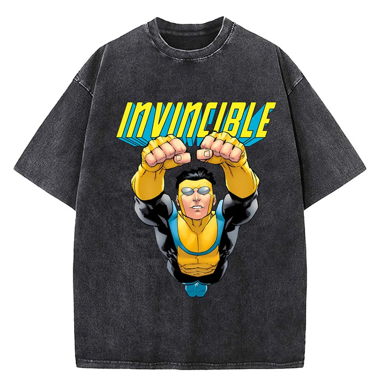 AngShop unisex cotton graphic tee with vintage comic superhero Invincible print in yellow and blue