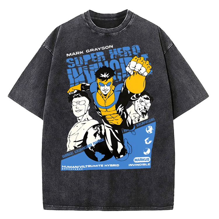 AngShop unisex cotton graphic tee with superhero comic design on black vintage-style fabric