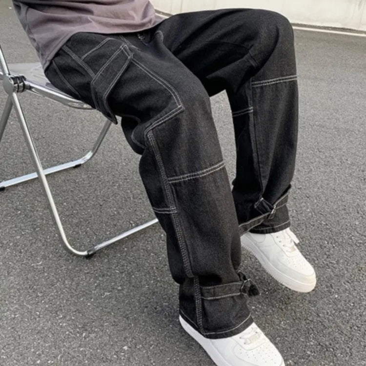 AngShop black casual cargo trousers for men with multiple pockets and stitching details