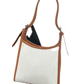 Elegant stitched handbag for women with white textured fabric and brown leather straps by AngShop