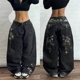 AngShop high waist loose fit jeans for men in black with floral embroidery and belt details
