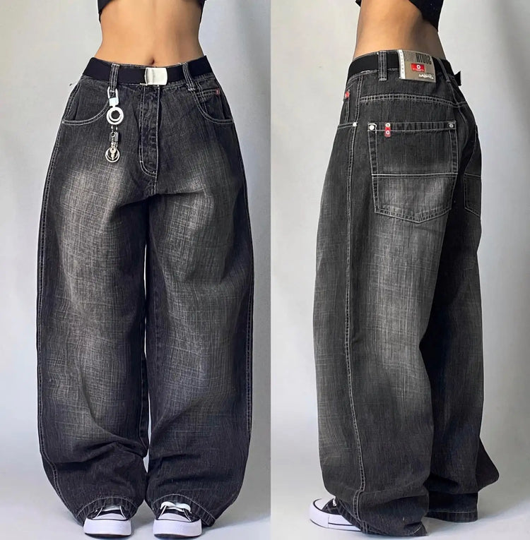High waist loose fit jeans for men in faded black denim with wide legs and belt from AngShop