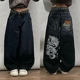 AngShop black high waist loose fit jeans for men with dragon embroidery and studded belt