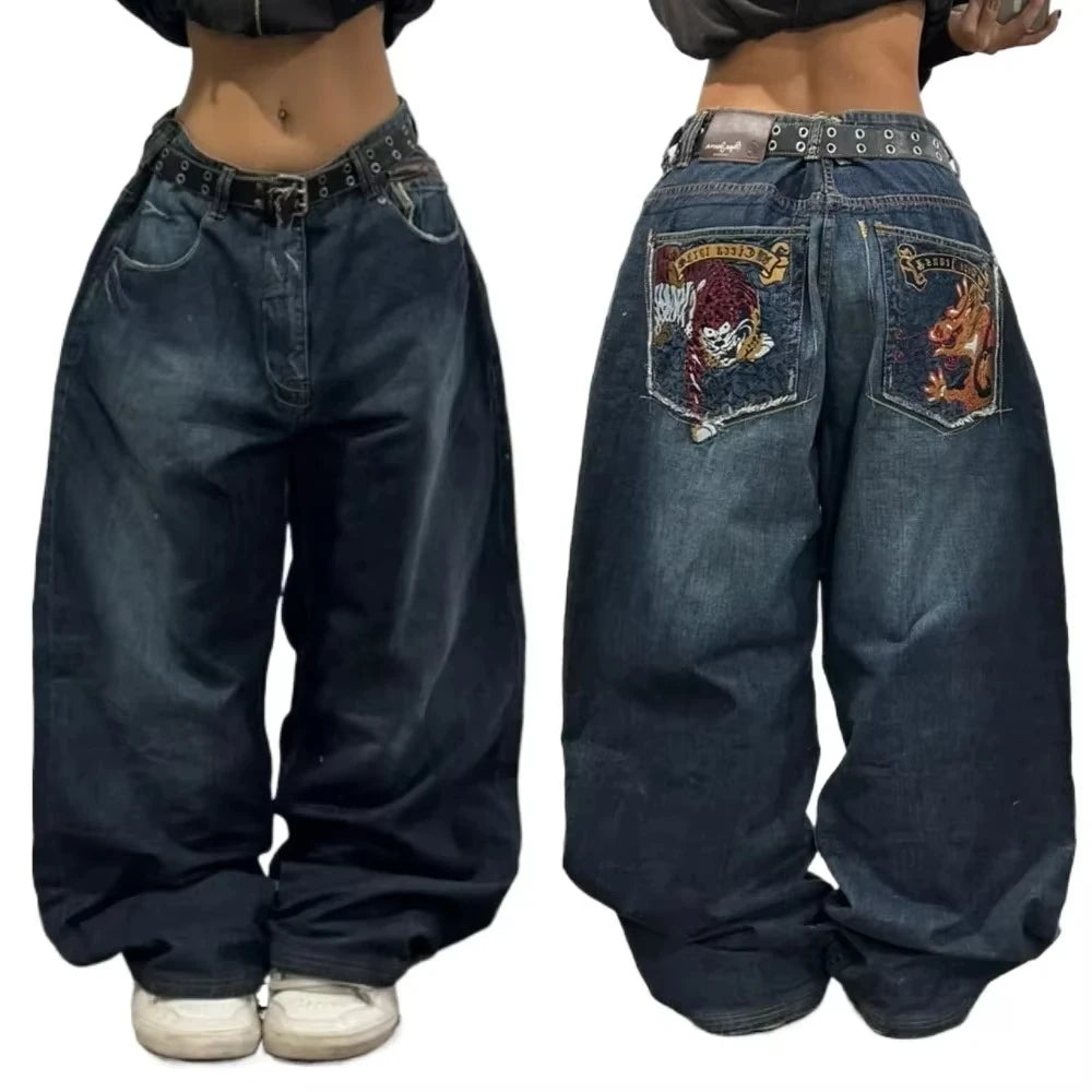 AngShop high waist loose fit jeans for men in dark wash with embroidered back pockets and relaxed style