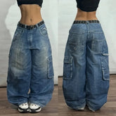 High waist loose fit jeans for men in faded blue denim with multiple pockets and belt loops