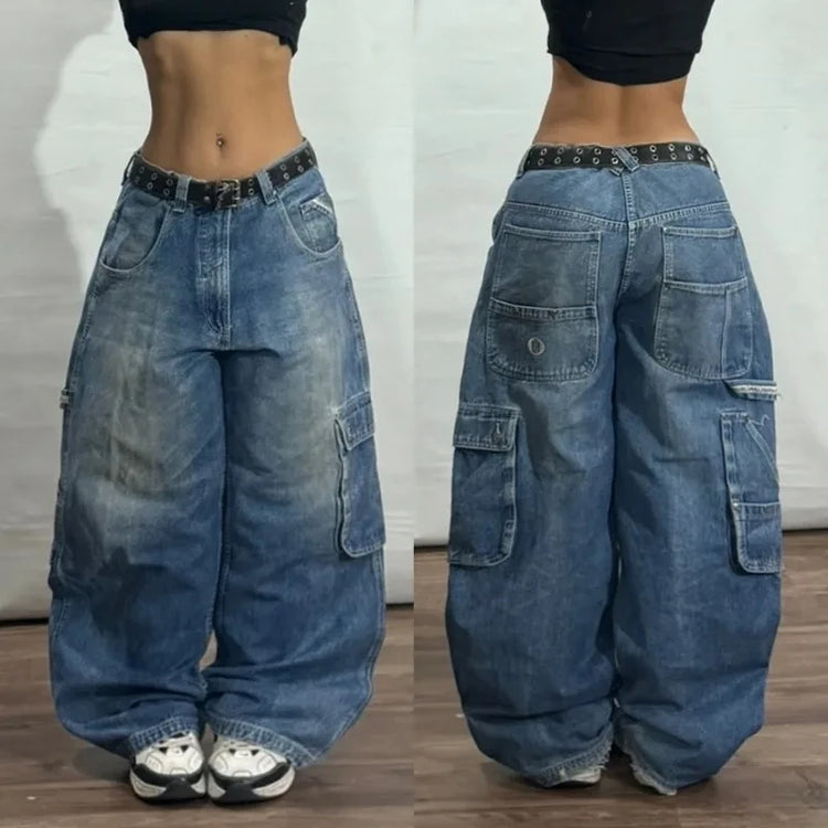 High waist loose fit jeans for men in faded blue denim with multiple pockets and belt loops