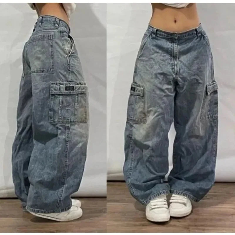 High waist loose fit jeans for men in faded blue denim with cargo pockets and wide leg design