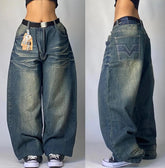 AngShop high waist loose fit jeans for men in faded denim with wide legs and side and back view