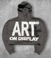 Vintage Y2K hoodie unisex in dark gray with ART on DISPLAY graphic and cropped design