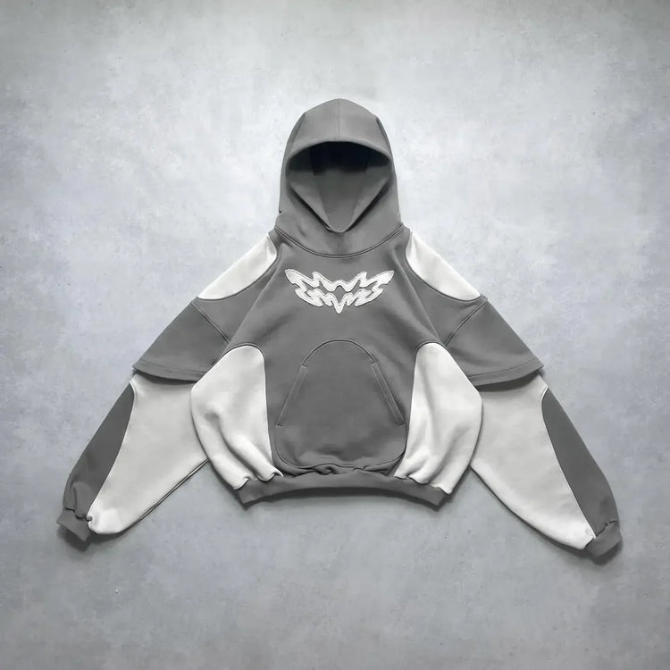 Gray and white vintage Y2K hoodie unisex with graphic design and kangaroo pocket