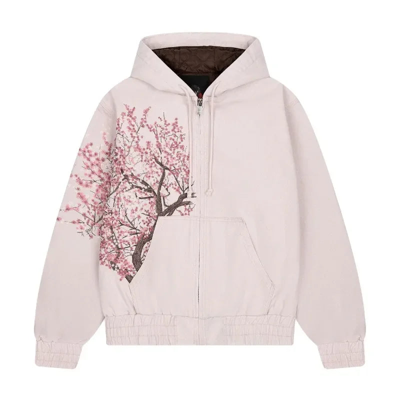 AngShop vintage Y2K hoodie unisex with pink cherry blossom tree design on light beige fabric